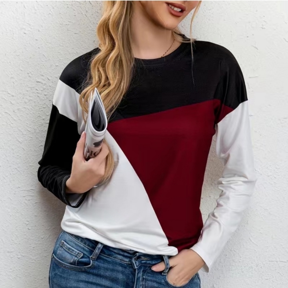 Colorblock Print Crew Neck T-Shirt Long Sleeve Top